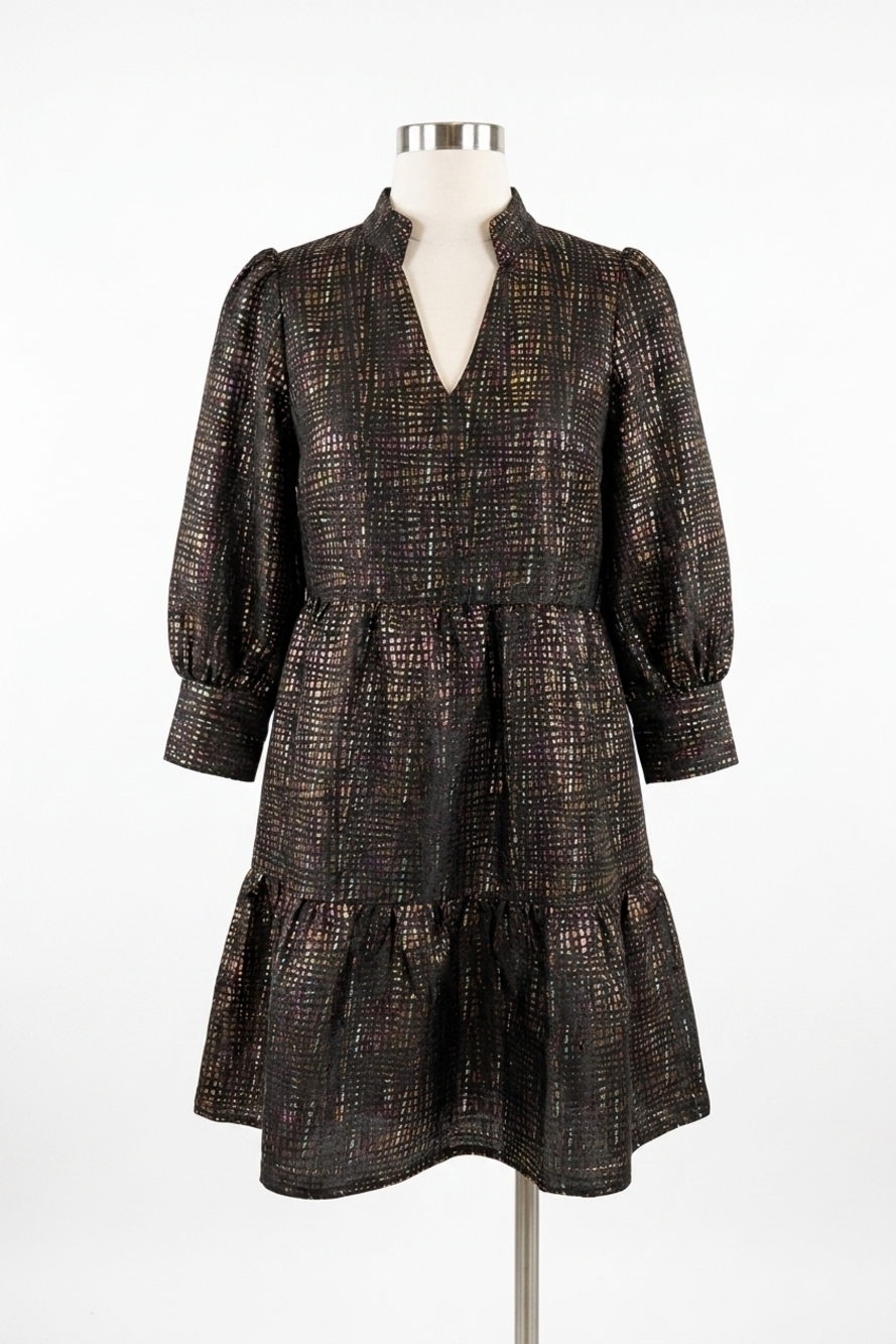 NEW EMILY LOVELOCK women's stella dress in black lurex multi plaid
